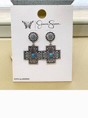New Jessica Simpson Earrings Cross Silver Turquoise Blue Dangle Drop NWT